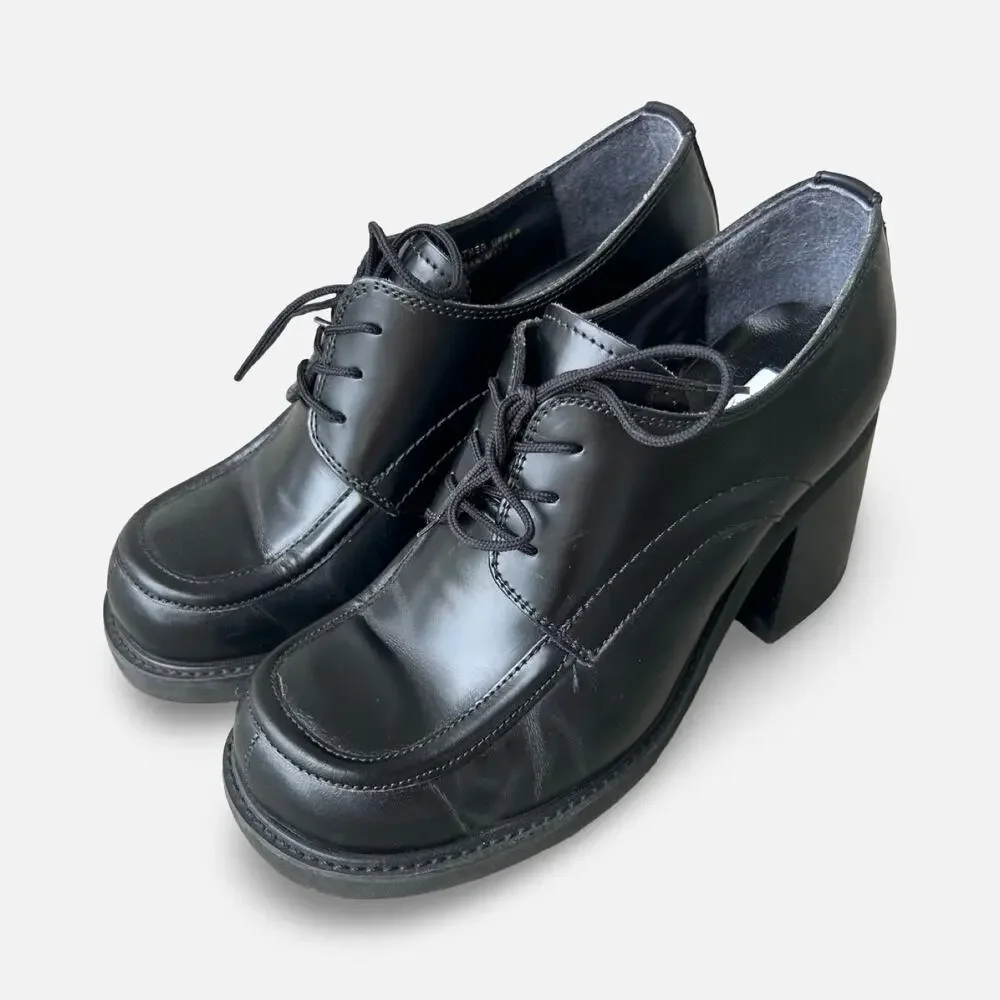 Vintage Y2K Steve Madden Black Leather Chunky Heel Oxford Shoes Size 7.5 grunge